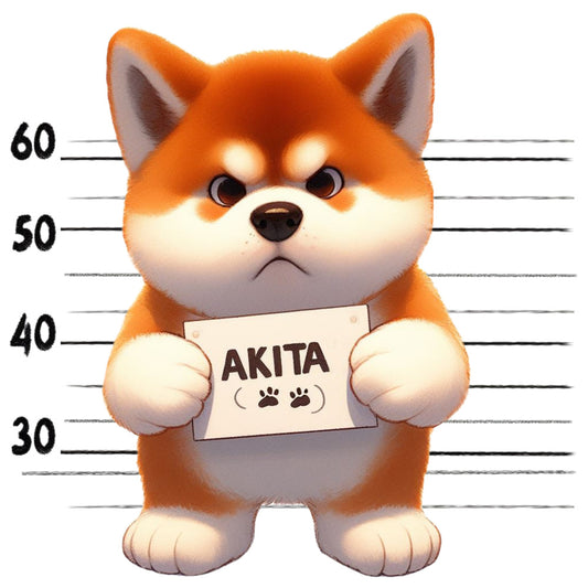 Doggie Mugshots Akita Fabric Panel featuring a cute cartoon Akita dog holding a sign in a mugshot style backdrop.