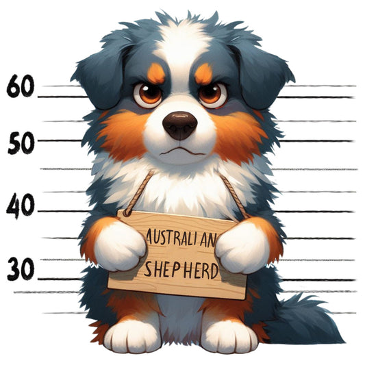 Doggie Mugshots Australian Shepherd Fabric Panel featuring a cute Aussie cartoon in a mugshot style print on quilting cotton.