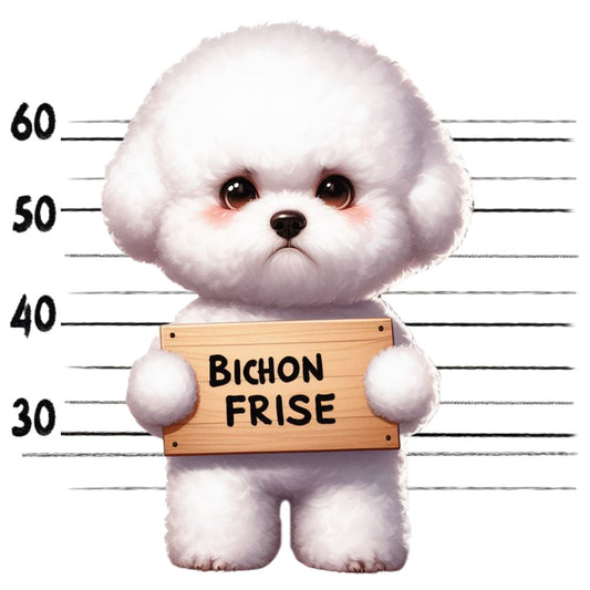 Doggie Mugshots Bichon Frise Fabric Panel featuring a cute white Bichon Frise holding a sign with height chart background.