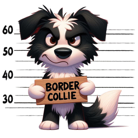 Doggie Mugshots Border Collie Fabric Panel featuring a cute cartoon Border Collie in a mugshot style with height lines background.