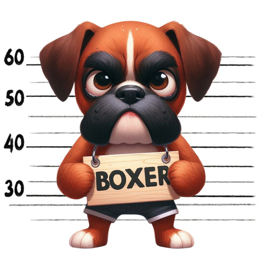 Doggie Mugshots Boxer Fabric Panel featuring a cute cartoon boxer dog holding a sign with height lines background.