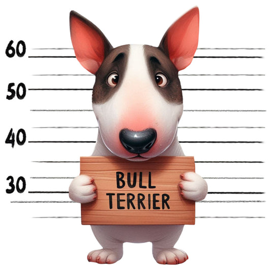 Doggie Mugshots Bull Terrier Fabric Panel featuring a cute cartoon bull terrier holding a mugshot sign with height lines.