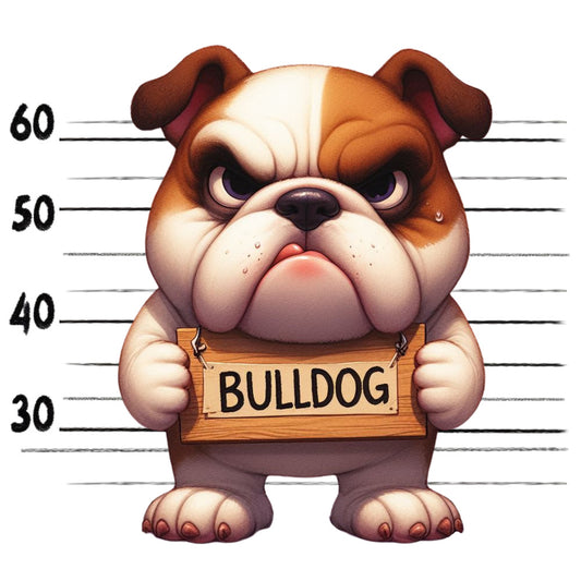 Doggie Mugshots Bulldog Fabric Panel featuring an angry cartoon bulldog holding a mugshot sign for quilting cotton.