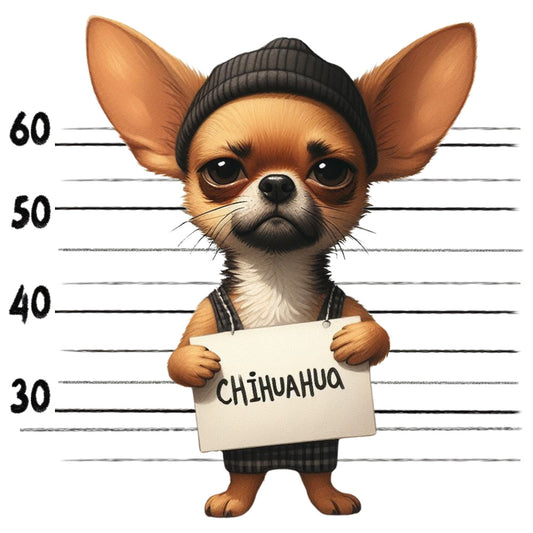 Doggie Mugshots Chihuahua Fabric Panel featuring a cute chihuahua in a beanie holding a sign in a mugshot style.