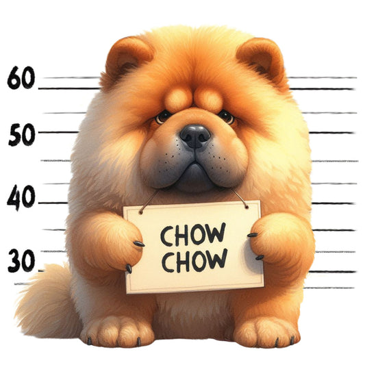 Doggie Mugshots Chow Chow Fabric Panel featuring a cute Chow Chow holding a sign in a mugshot style illustration.