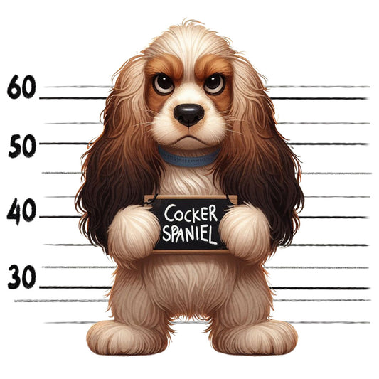 Doggie Mugshots Cocker Spaniel Fabric Panel showing an adorable illustrated cocker spaniel holding a mugshot sign in front of height lines.