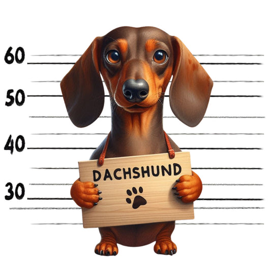 Doggie Mugshots Dachshund Fabric Panel featuring a cute dachshund holding a sign against height lines, printed on premium fabric.