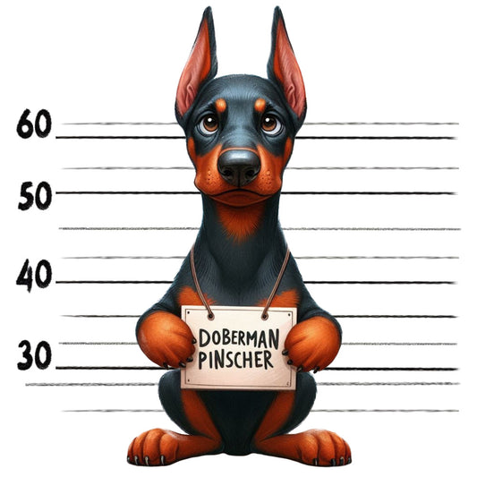 Doggie Mugshots Doberman Pinscher Fabric Panel features a cartoon Doberman in a mugshot holding a sign with premium quilting cotton print.