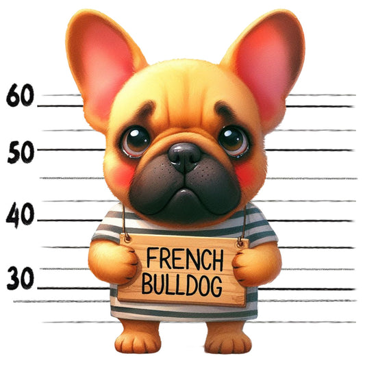 Doggie Mugshots French Bulldog Fabric Panel featuring an adorable cartoon French Bulldog in a mugshot design.