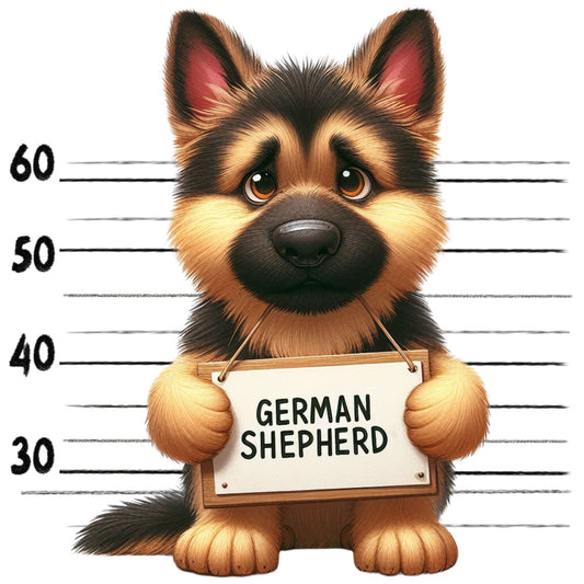 Doggie Mugshots German Shepherd Fabric Panel featuring a cute cartoon German Shepherd puppy holding a sign in front of height lines.