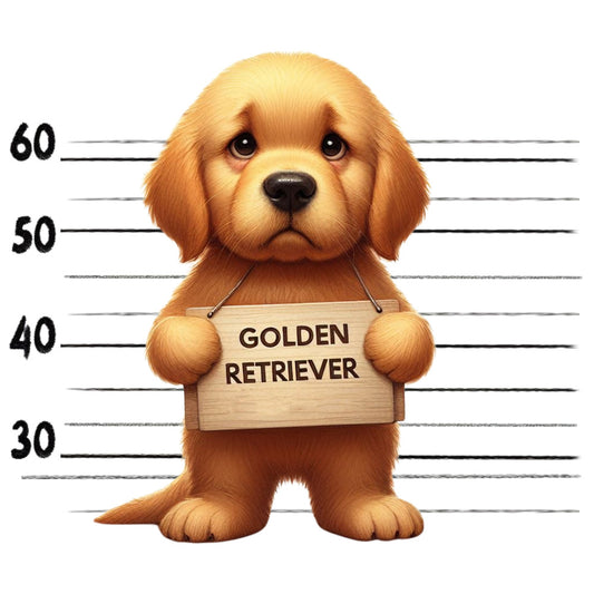 Doggie Mugshots Golden Retriever Fabric Panel featuring a cute puppy holding a sign with height chart background.