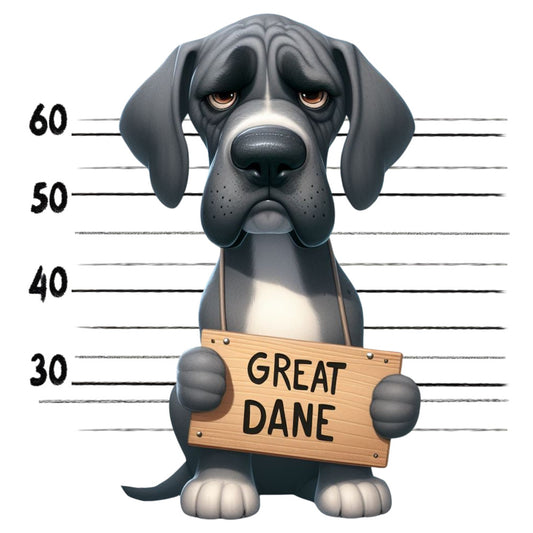 Doggie Mugshots Great Dane Fabric Panel featuring a sad Great Dane cartoon in a mugshot lineup holding a wooden sign.