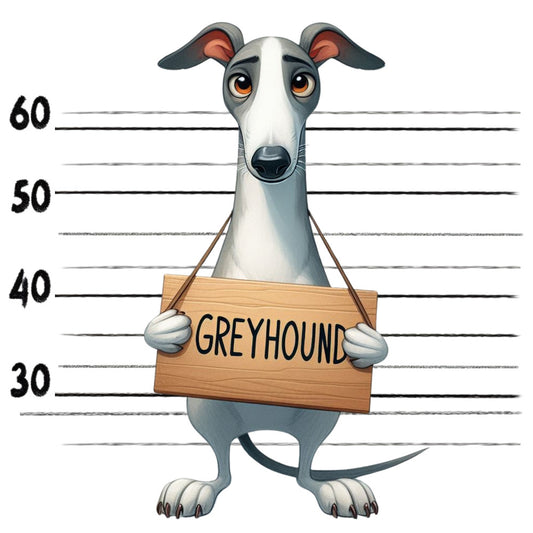 Doggie Mugshots Greyhound Fabric Panel featuring a cartoon greyhound holding a mugshot sign with height lines background.