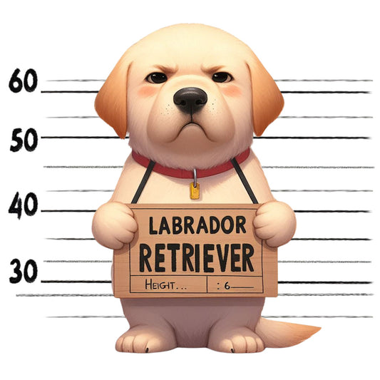 Doggie Mugshots Labrador Retriever Fabric Panel features a cute cartoon labrador in a mugshot style on premium quilting cotton.