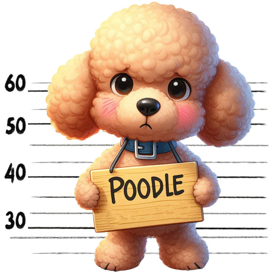 Doggie Mugshots Poodle Fabric Panel featuring an adorable cartoon poodle holding a sign with height chart background.