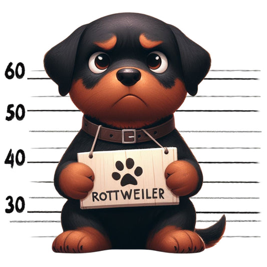 Doggie Mugshots Rottweiler Fabric Panel featuring a cute cartoon Rottweiler puppy holding a sign in a mugshot style.