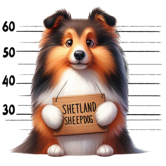 Doggie Mugshots Shetland Sheepdog Fabric Panel featuring a cute Shetland Sheepdog holding a sign with height lines behind.