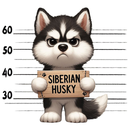 Doggie Mugshots Siberian Husky Fabric Panel featuring a cute angry husky holding a wooden sign with height chart background.