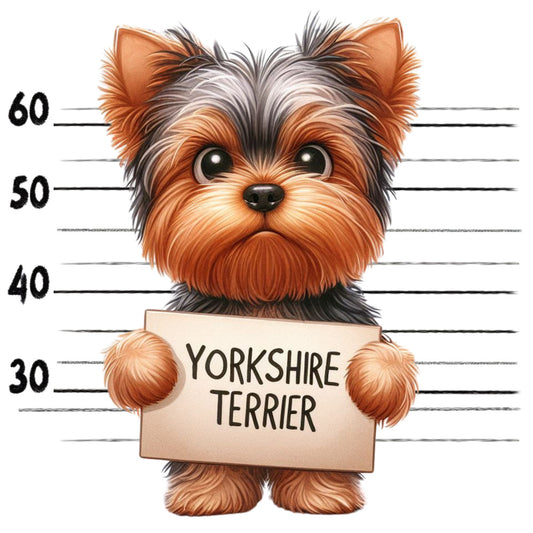 Doggie Mugshots Yorkshire Terrier Fabric Panel showing a cute Yorkshire Terrier cartoon holding a mugshot sign.