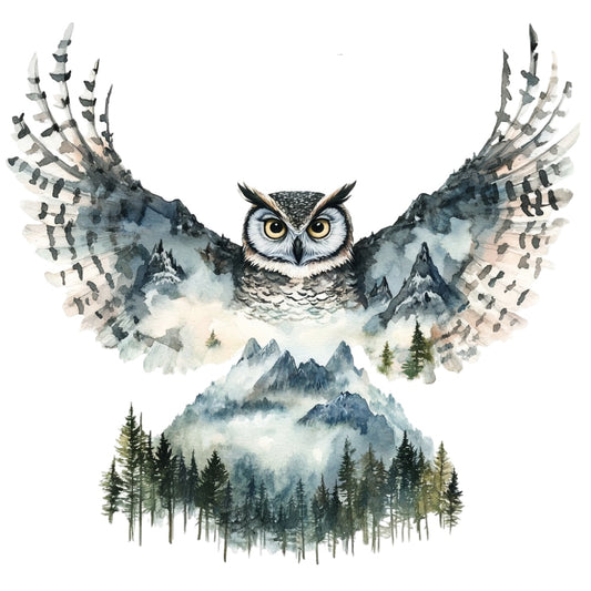 Double Exposure Woodland Animals Fabric Panel 1 featuring a detailed owl with mountain and forest landscapes in its wings.