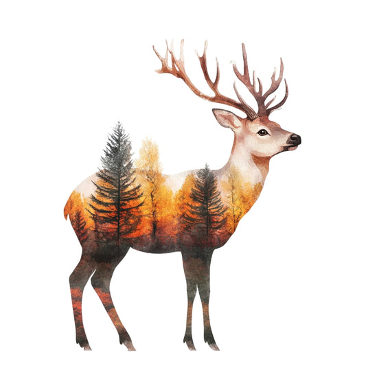 Double Exposure Woodland Animals Fabric Panel 10 featuring a deer silhouette with autumn forest trees in warm tones on quilting cotton.