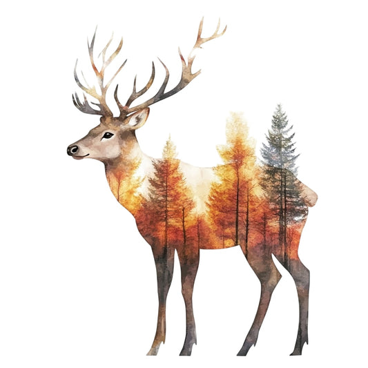 Double Exposure Woodland Animals Fabric Panel 11 featuring a stag with layered autumn forest trees in premium quilting cotton print.