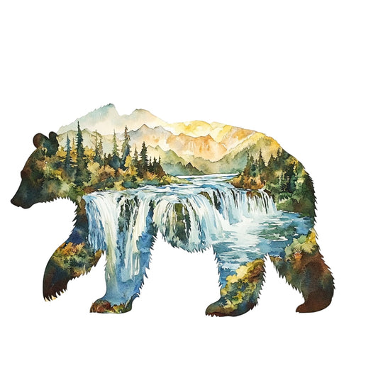 Double Exposure Woodland Animals Fabric Panel 13 features a bear silhouette with forest and waterfall landscape printed on premium quilting cotton.