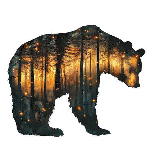 Double Exposure Woodland Animals Fabric Panel 14 featuring a bear silhouette filled with glowing forest trees.