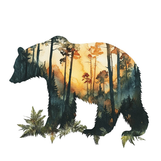 Double Exposure Woodland Animals Fabric Panel 15 features a bear silhouette filled with a forest scene in warm, natural tones.