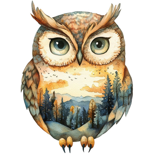 Double Exposure Woodland Animals Fabric Panel 17 featuring an owl with a forest and mountain landscape within its silhouette.