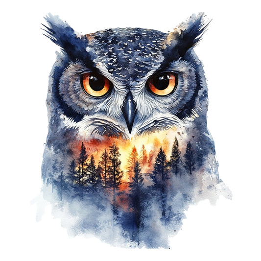 Double Exposure Woodland Animals Fabric Panel 18 features a detailed owl blending with a forest sunset scene on premium quilting cotton.