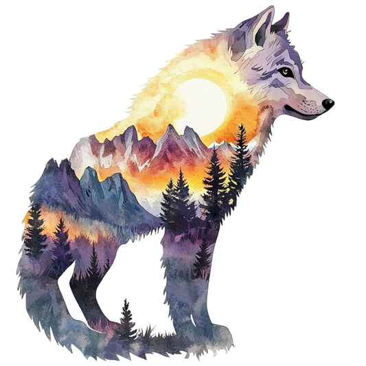 Double Exposure Woodland Animals Fabric Panel 2 features a wolf silhouette with layered mountains, trees, and a sunset scene.