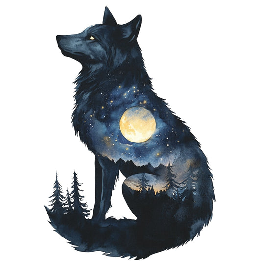 Double Exposure Woodland Animals Fabric Panel 4 featuring a black wolf silhouette with a night sky and full moon scene on premium quilting cotton.