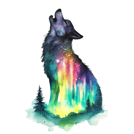 Double Exposure Woodland Animals Fabric Panel 6 showing a howling wolf with a colorful aurora and forest silhouette design.