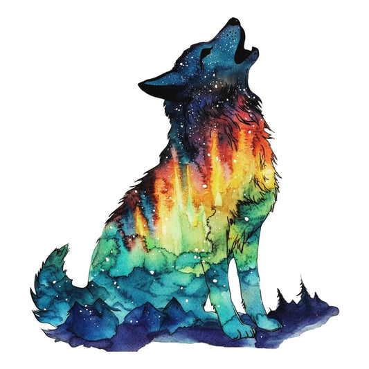 Double Exposure Woodland Animals Fabric Panel 7 featuring a colorful wolf silhouette with northern lights and mountain design.