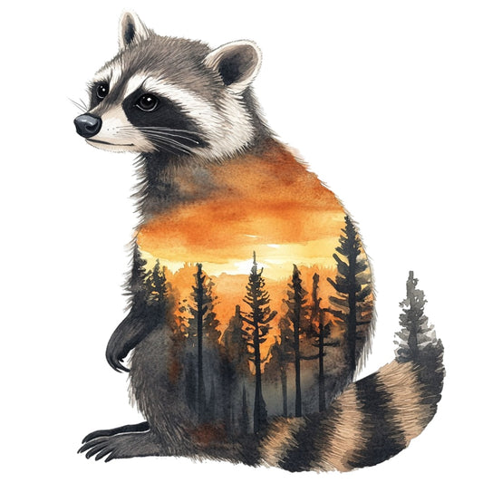 Double Exposure Woodland Animals Fabric Panel 8 features a raccoon with forest silhouette and sunset printed on premium quilting cotton.