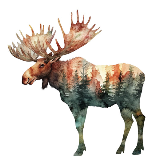 Double Exposure Woodland Animals Fabric Panel 9 featuring a moose with forest landscape design in premium quilting cotton.
