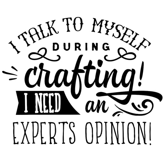 During Crafting Fabric Panel with black text design stating "I talk to myself during crafting! I need an expert's opinion" on white background.