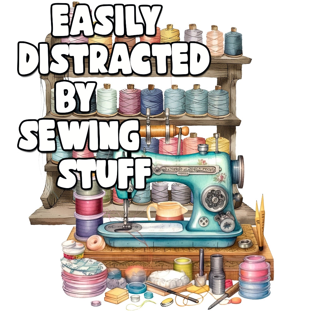 Easily Distracted Fabric Panel featuring colorful sewing threads, vintage sewing machine, and sewing accessories on wooden shelves.