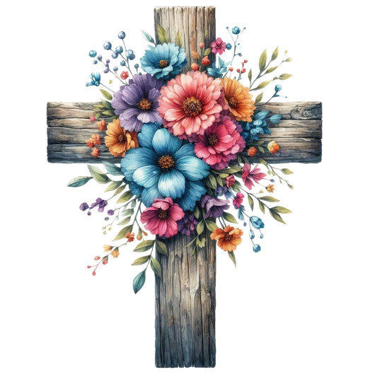 Easter Crosses Fabric Panel 1 showing a rustic wooden cross adorned with vibrant multicolored spring flowers bouquet.