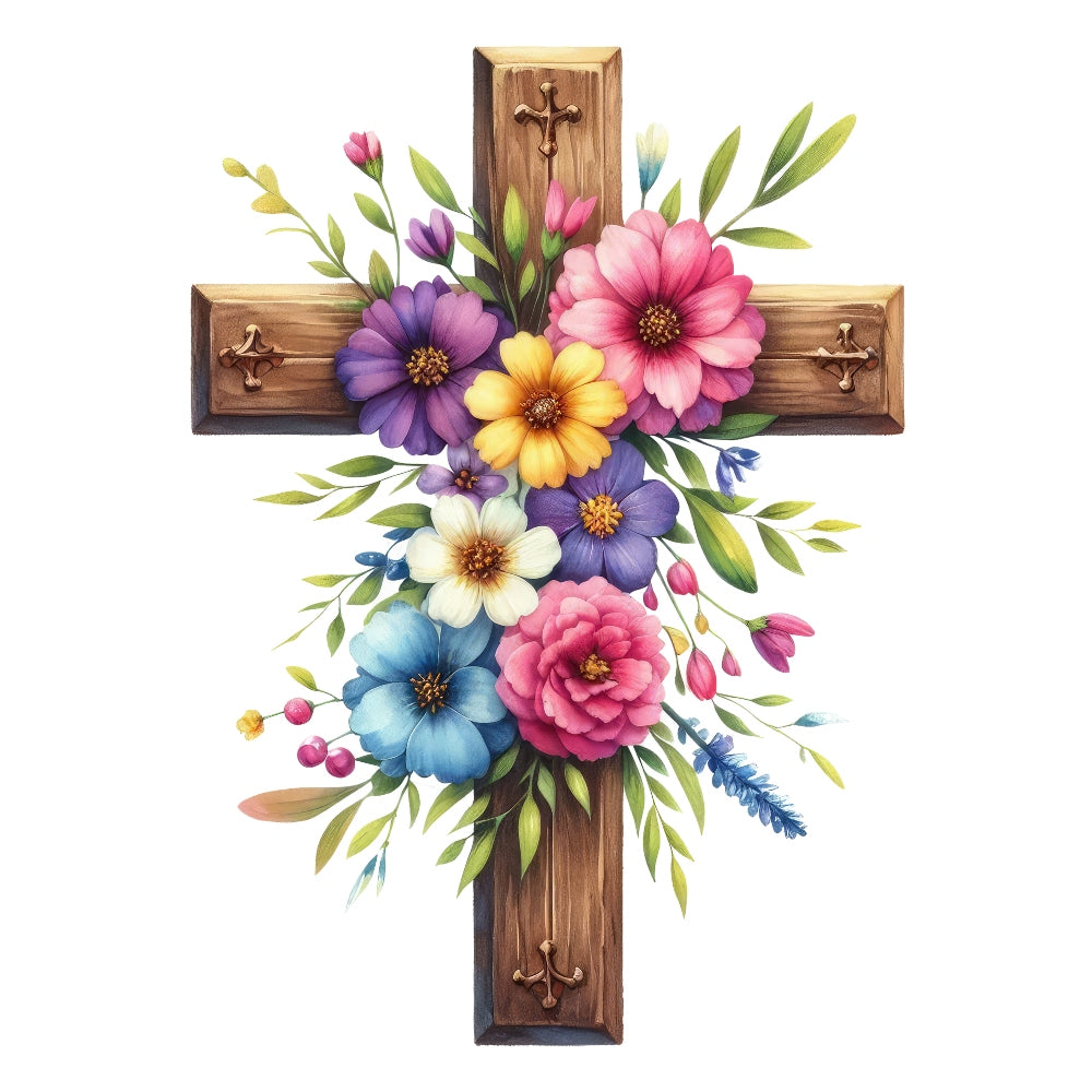 Easter Crosses Fabric Panel 17 featuring a wooden cross adorned with vibrant multicolored flowers and green leaves.