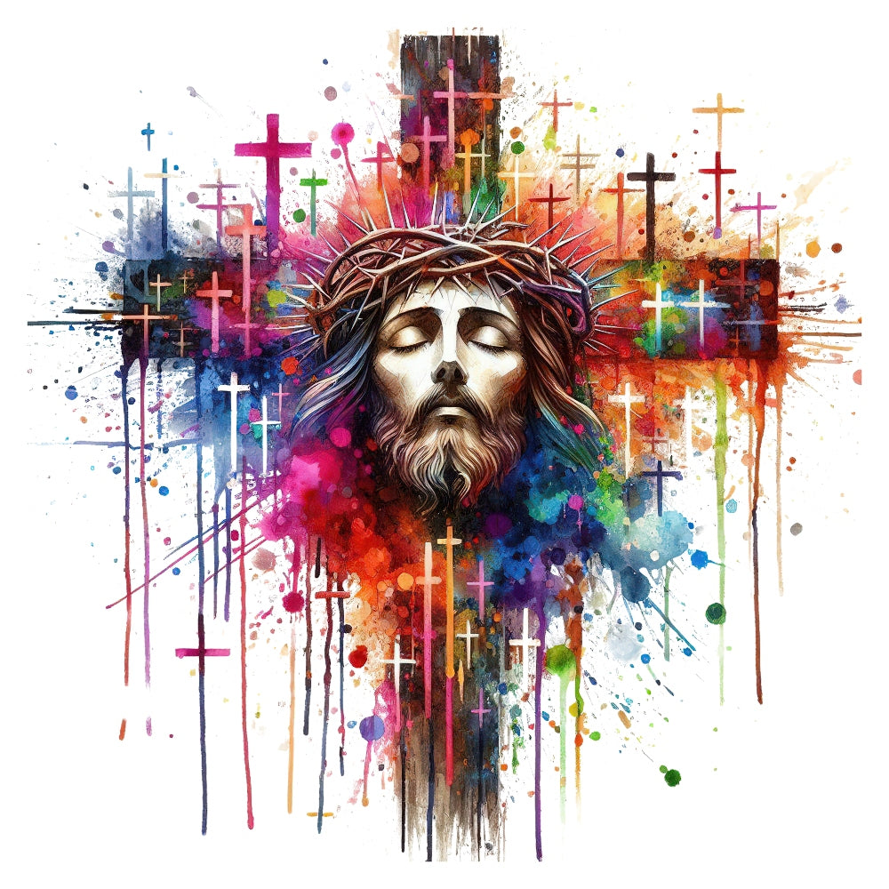 Easter Crosses Fabric Panel 19 featuring a colorful watercolor cross with Jesus wearing a crown of thorns illustration.