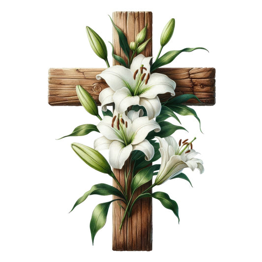 Easter Crosses Fabric Panel 2 features a detailed wooden cross adorned with white lilies and green leaves for quilting projects.