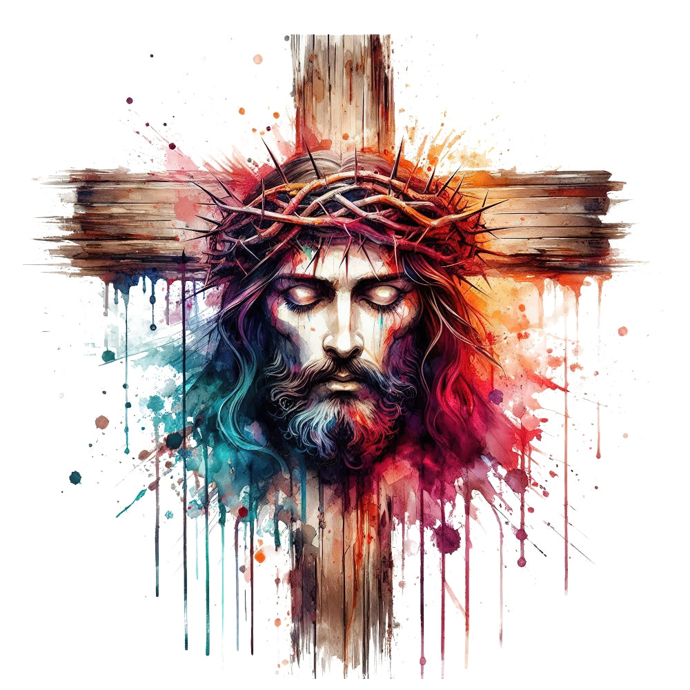 Easter Crosses Fabric Panel 20 featuring a colorful artistic depiction of Jesus with crown of thorns on rustic wooden cross.