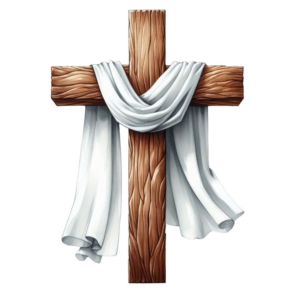 Easter Crosses Fabric Panel 3 depicting a wooden cross draped with a flowing white cloth, printed on premium quilting cotton.