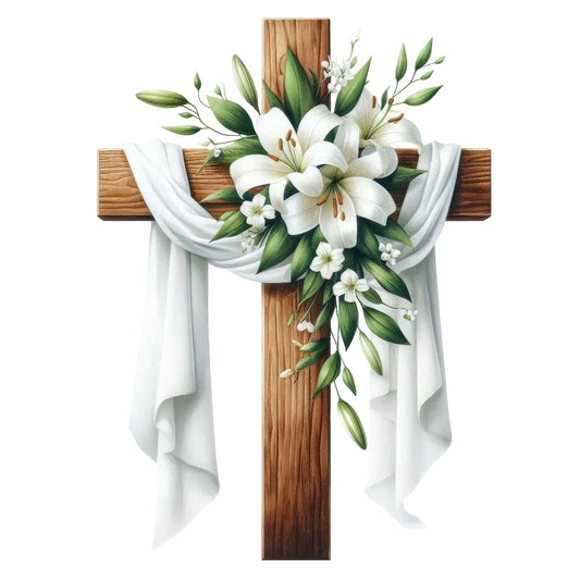 Easter Crosses Fabric Panel 4 featuring a wooden cross adorned with white lilies and draped white cloth, printed on premium quilting cotton.