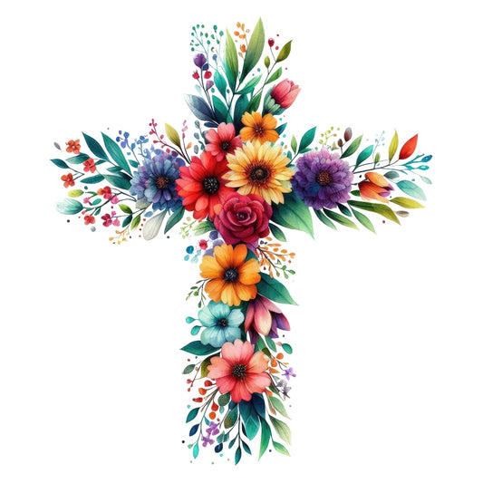 Easter Crosses Fabric Panel 6 featuring a colorful floral cross design on premium quilting cotton printed in the USA.