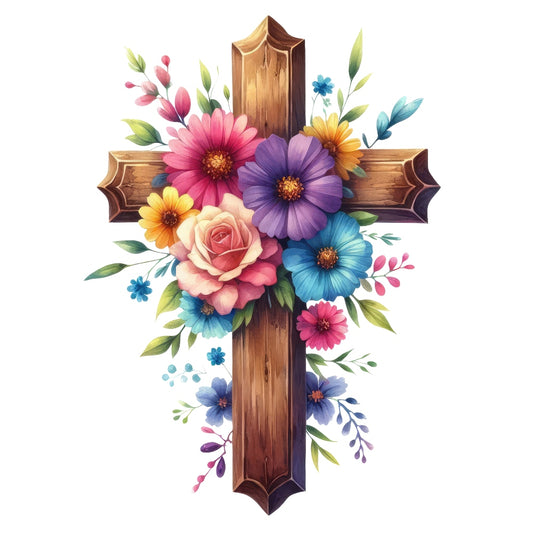 Easter Crosses Fabric Panel 7 showing a detailed wooden cross adorned with vibrant colorful flowers and greenery.