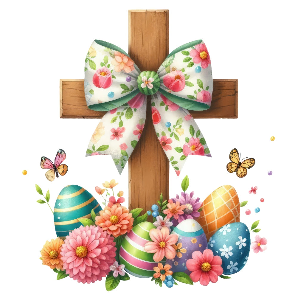 Easter Crosses Fabric Panel 9 featuring a wooden cross with floral bow, colorful Easter eggs, and spring flowers on quilting cotton.