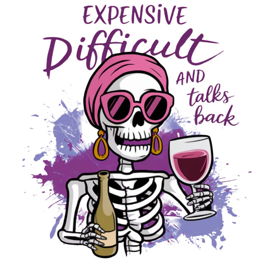 Expensive Difficult Talks Back Fabric Panel shows a stylish skeleton with pink headscarf, sunglasses, wine glass, and bottle on premium quilting cotton.
